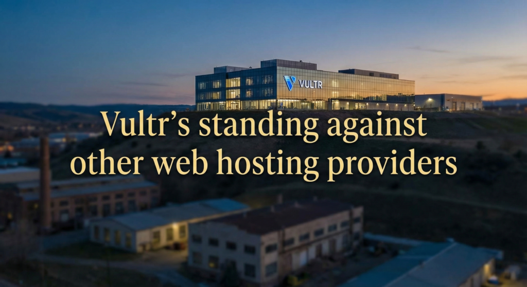 Modern Vultr office building on a hill at sunset, with the text “Vultr’s standing against other web hosting providers” highlighting a comparison of Vultr with its competitors.