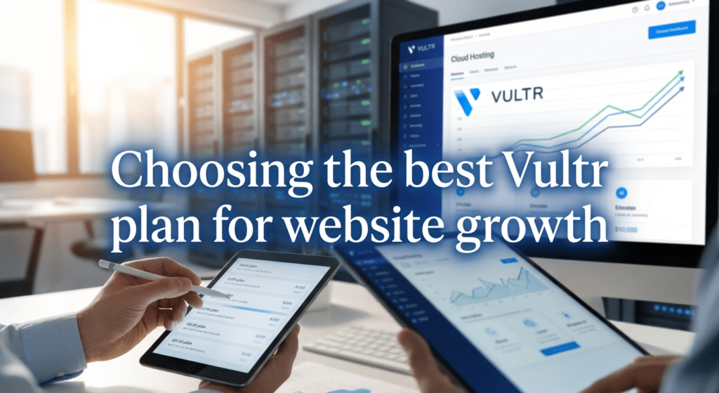 Two people analyzing graphs and pricing plans for Vultr on tablets and a desktop screen in a server room, with the text "Choosing the best Vultr plan for website growth," representing decision-making for Hosting for Websites.
