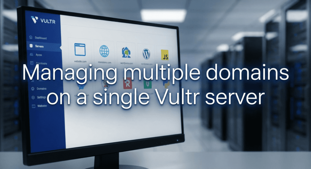 Computer monitor in a server room displaying a Vultr dashboard with multiple domain icons, illustrating the concept of managing several domains on a single server.