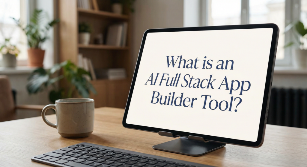 Tablet on a desk displaying the question "What is an AI Full Stack App Builder Tool?" highlighting the concept of an AI full stack app builder tool in a workspace setting.