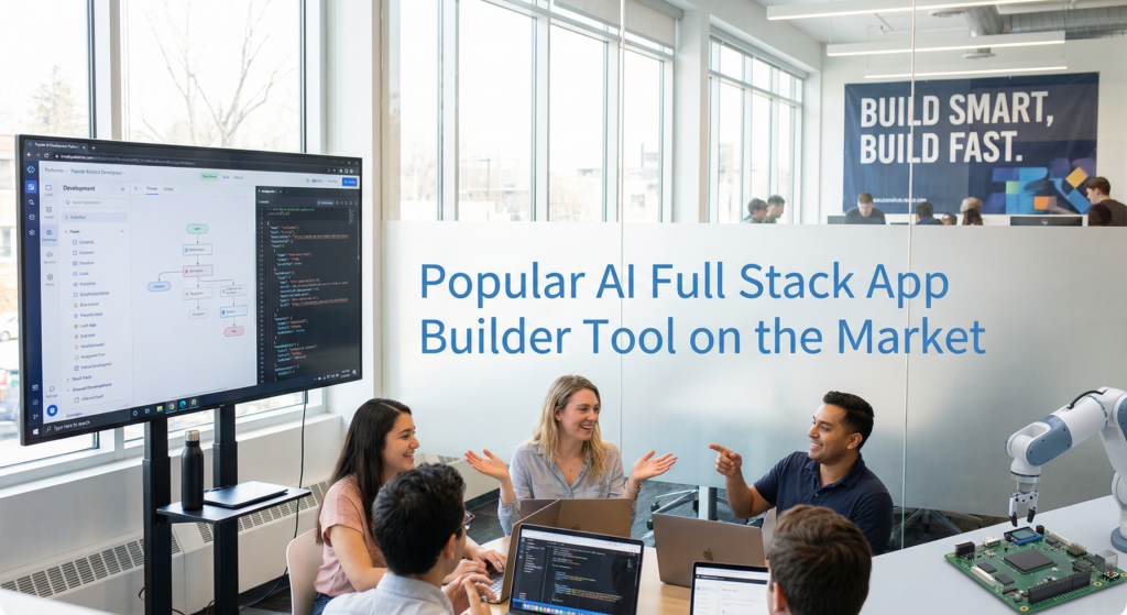 Team collaborating in a modern tech office with code on screen showcasing the use of an AI full stack app builder tool.