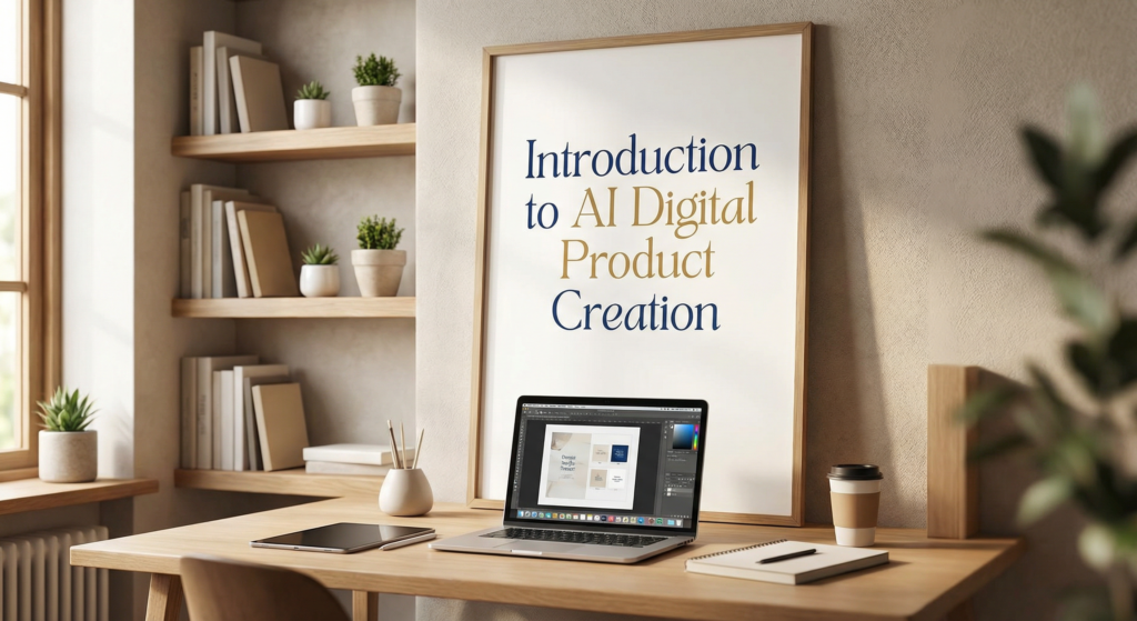 Home office workspace with a laptop, tablet, and books, illustrating how an AI digital product creation tool supports modern design and creative workflows.