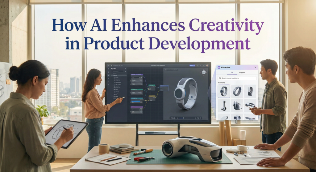 Design team collaborating in a modern workspace using an AI digital product creation tool to develop innovative prototypes and enhance creative workflows.