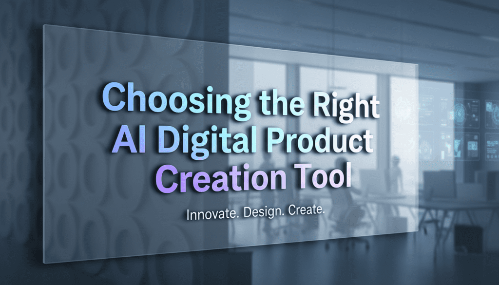 Modern office environment with glass panels and digital screens representing the concept of choosing the right AI digital product creation tool for business innovation.