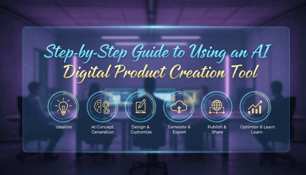 People sitting in a dimly lit modern office with a glowing digital interface showing creative process icons related to innovation and product development.