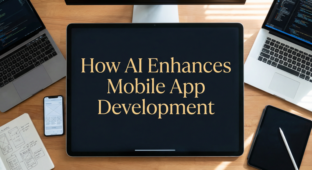 Tablet screen showing the title "How AI Enhances Mobile App Development", surrounded by devices and sketches, illustrating an AI mobile app builder platform in use.