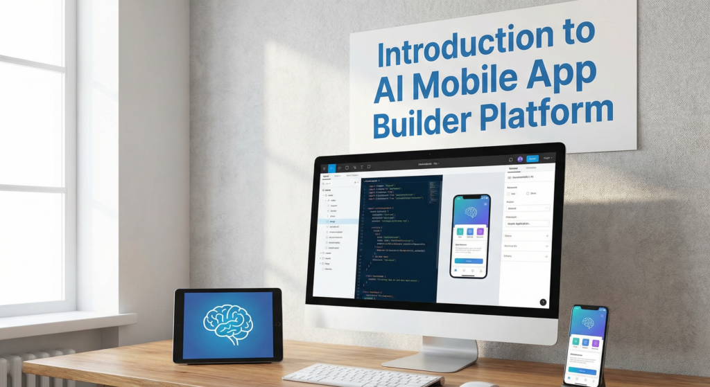 Computer screen displaying an AI mobile app builder platform interface with mobile and tablet preview, under a sign that reads “Introduction to AI Mobile App Builder Platform”.