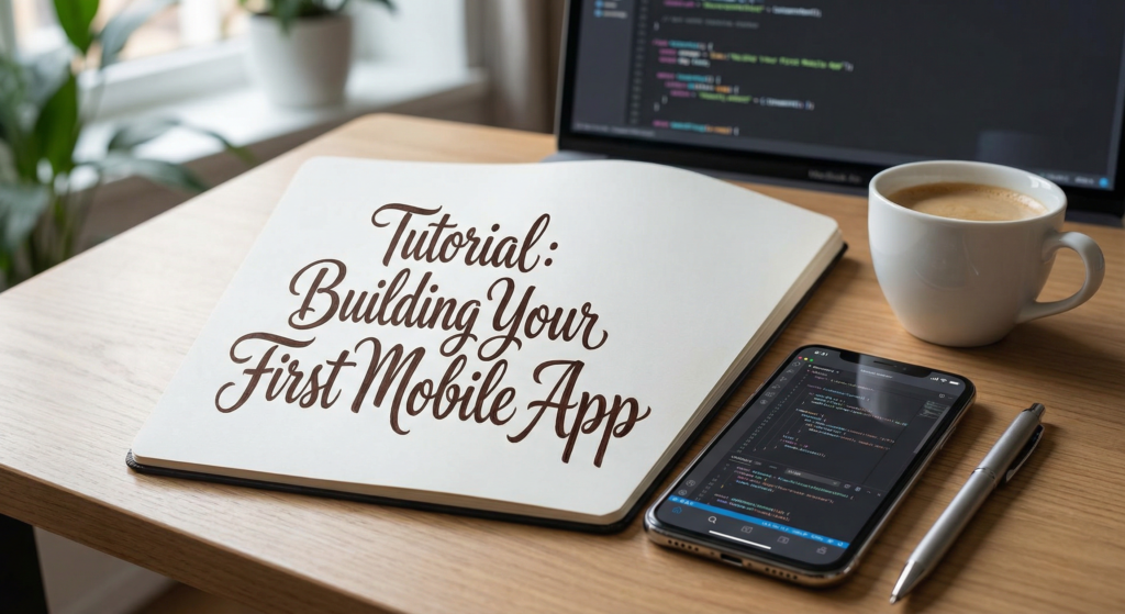 Notebook with the title "Tutorial: Building Your First Mobile App" on a desk beside a smartphone, coffee cup, and laptop running code, representing learning to build apps using an AI mobile app builder platform.