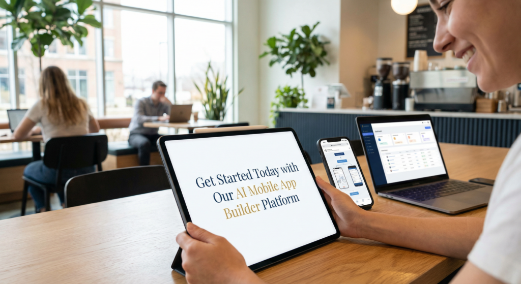 Person sitting at a table in a modern café, smiling while using a tablet and smartphone with app interface designs, with a laptop open in the background.