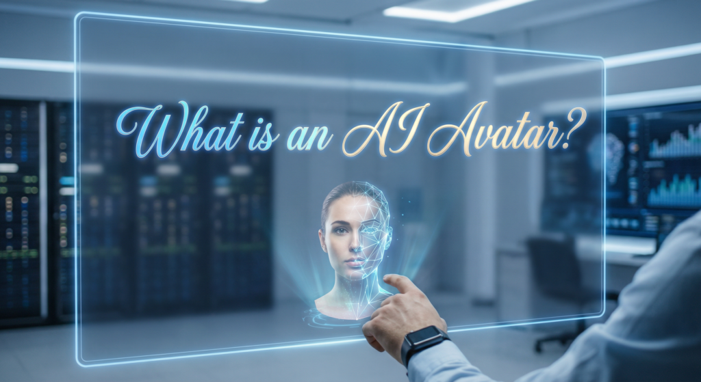 A person interacting with a virtual interface displaying a digital face, representing the use of an AI avatar and talking photo generator in futuristic technology.