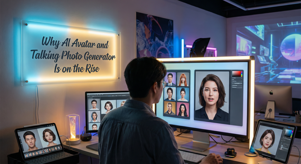 A person working at a computer on digital character design, showcasing the use of an AI avatar and talking photo generator in a modern creative studio setup.