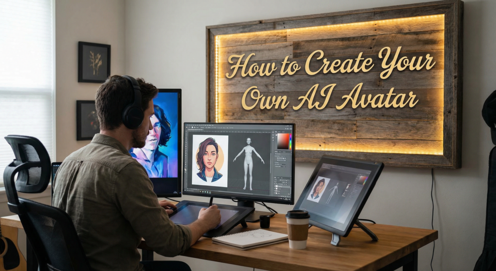 A man designing a custom digital character using creative software, demonstrating the process of building visuals with an AI avatar and talking photo generator.