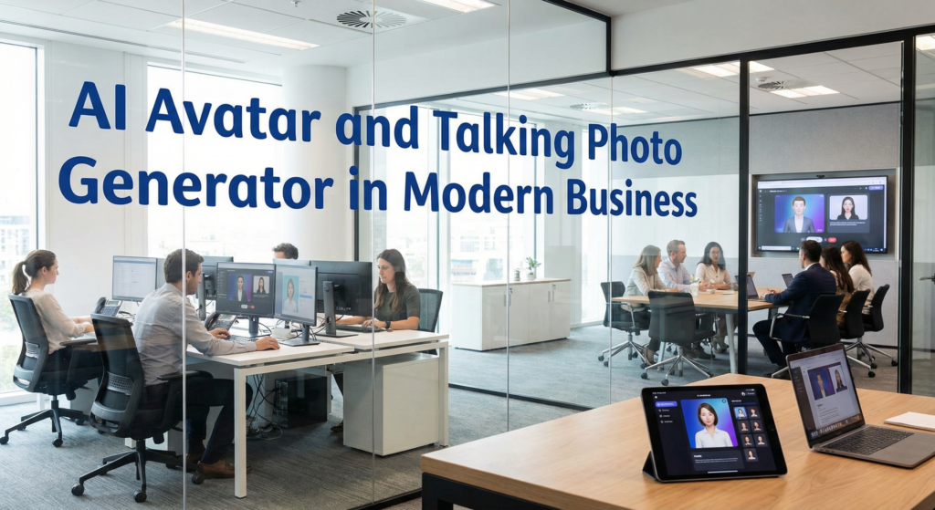 Modern office environment with employees working on computers and participating in a video conference, showcasing the use of digital tools in business.