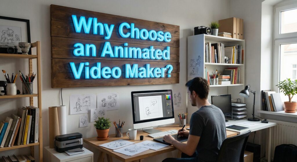 Designer animating hand-drawn storyboards on a desktop using an animated video maker in a bright home studio with shelves, sketches, and plants.