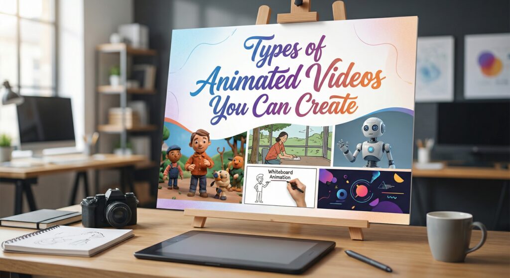 An easel displaying a collage of 3D characters, whiteboard sketches, and motion graphics examples created with an animated video maker in a modern studio.