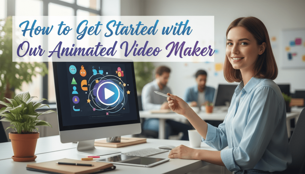 Smiling woman at a desktop in a collaborative office, demonstrating an animated video maker interface with playful icons on screen.