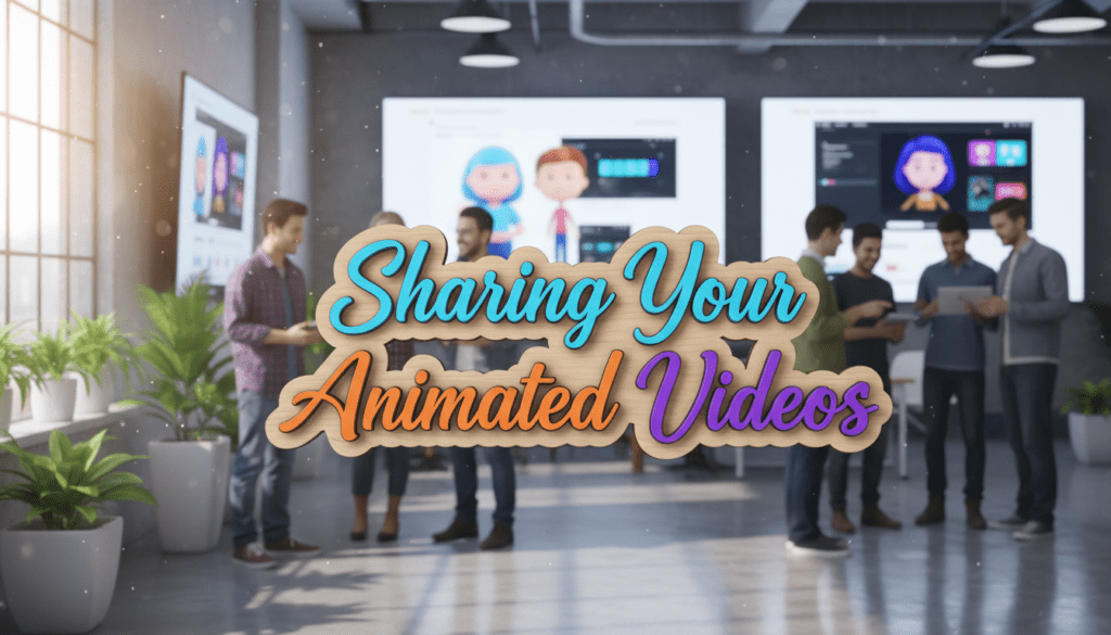 Creative team in a modern studio discussing animated video projects, with large screens showing character previews and plants by tall windows.