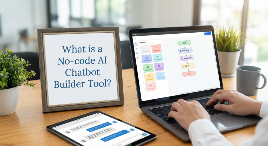 User building a chatbot flow on a laptop using a no-code AI chatbot builder tool in a modern workspace environment.