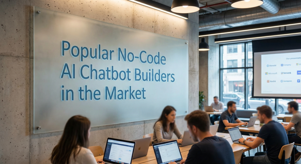 Team collaborating in a modern office space while researching popular platforms that offer a no-code AI chatbot builder tool for business solutions.