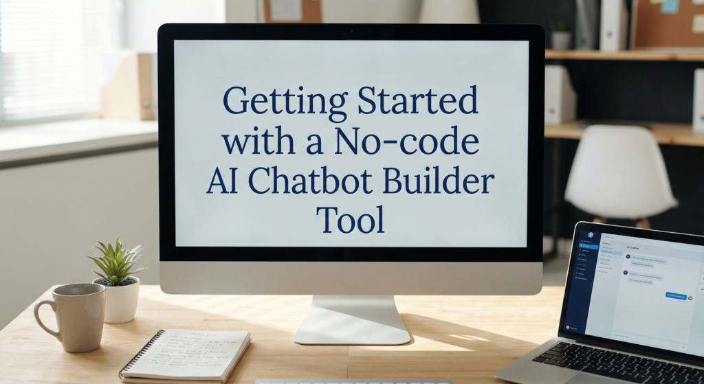 Modern workspace with a desktop computer displaying onboarding content and a laptop running a chatbot interface next to a notebook, coffee mug, and plant.