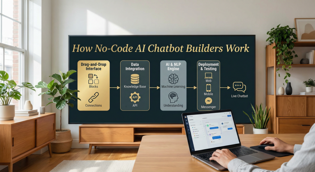 Person using a no-code AI chatbot builder tool on a laptop while viewing a visual workflow of chatbot development steps in a modern office setting.