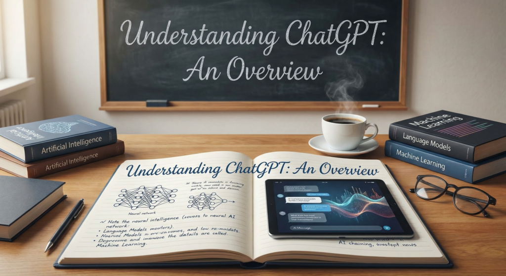 Study setup with books, notebook, and tablet showing an AI interface, representing how to use ChatGPT online without subscription for learning and research.