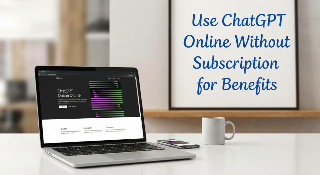 Laptop and smartphone on a desk with a clean workspace, illustrating how users can use ChatGPT online without subscription for everyday productivity benefits.
