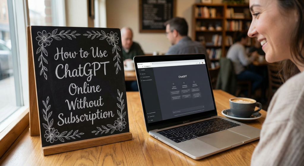 Smiling woman using a laptop in a café to use ChatGPT online without subscription, demonstrating easy access to AI tools in a comfortable public setting.