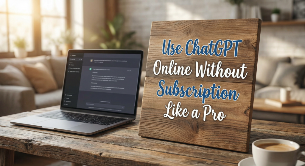 Cozy home setup with a laptop on a wooden table, a cup of coffee, and a decorative sign, illustrating casual use of an AI chatbot in a relaxing environment.