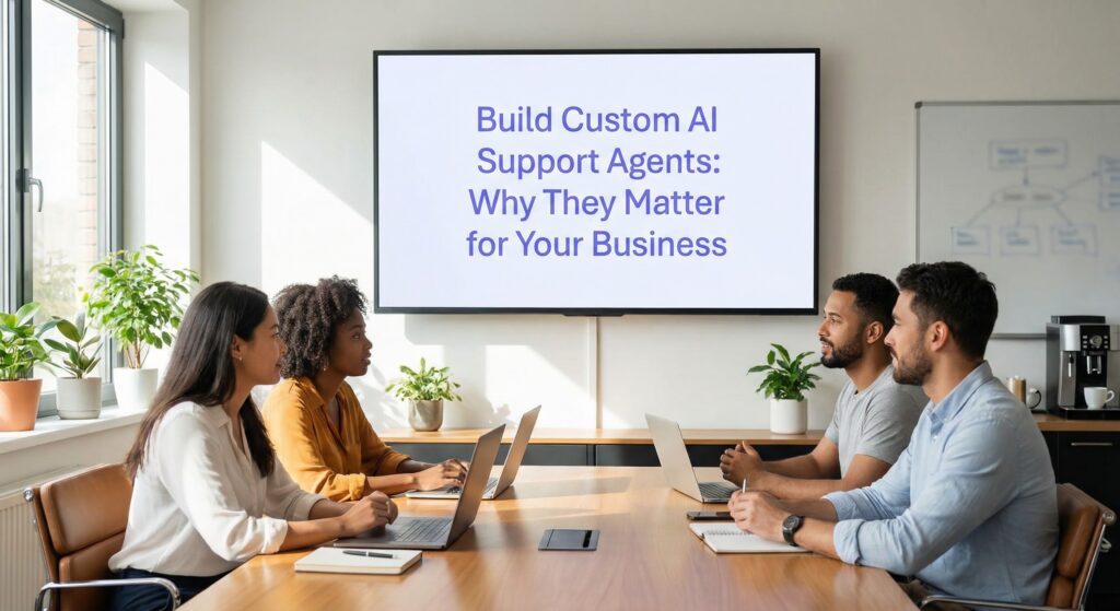 Team in a modern office discussing strategies to build custom AI support agents that improve customer experience and business efficiency.