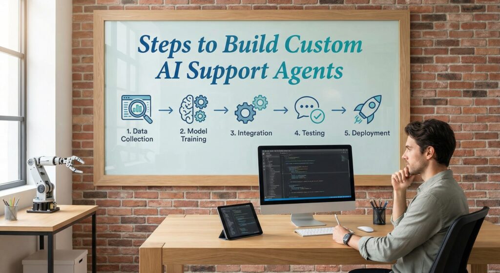 Developer working on a computer and tablet, analyzing workflow stages to build custom AI support agents for automated customer assistance.