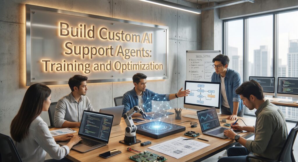 Team of engineers collaborating with laptops and robotic tools to build custom AI support agents focused on training, testing, and optimization.