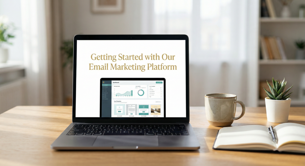 Laptop on a wooden desk showing an email marketing platform dashboard, next to a coffee mug, notebook, and plant in a bright home office setting.