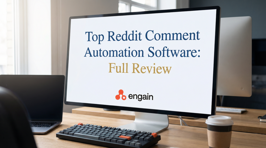 Office workspace with a desktop monitor and keyboard displaying a review presentation created using top Reddit comment automation software for marketing analysis.