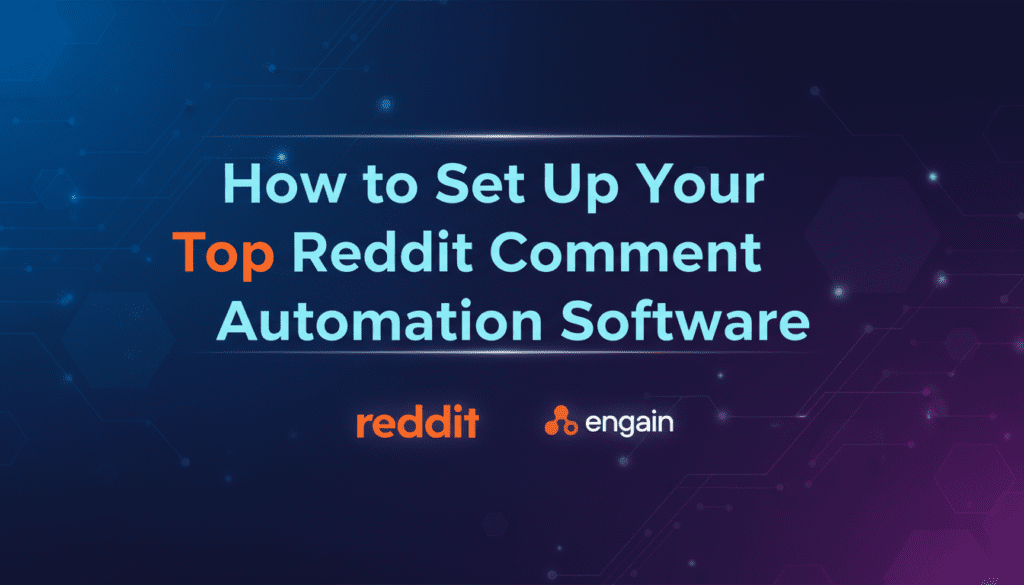 Promotional thumbnail for Engain, the top Reddit comment automation software. It features a dark blue and purple gradient background with glowing hexagonal shapes and the bold title "How to Set Up Your Top Reddit Comment Automation Software." The Engain and Reddit logos appear in the bottom right corner.