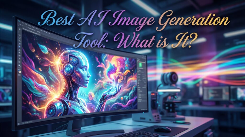 Neon-lit studio with a curved monitor displaying vibrant AI artwork of a cybernetic figure, showcasing best AI image generation tool workflows.