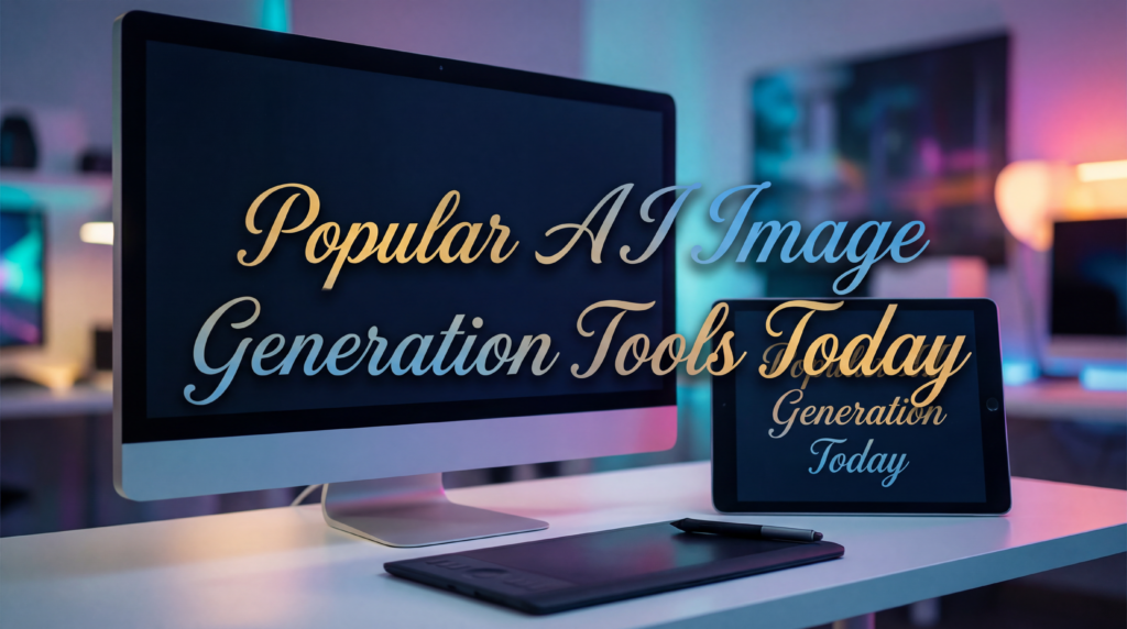 A modern digital artist's workspace featuring a large desktop monitor, a tablet, and a stylus pad on a desk, representing the creative environment used to operate the best AI image generation tool in a professional studio setting.