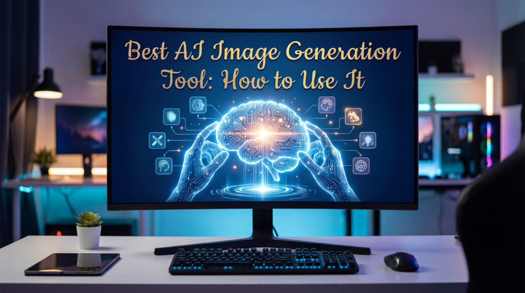 A curved desktop monitor displaying a futuristic glowing brain graphic with neural network connections, symbolizing the creative power of the best AI image generation tool in a modern home office setup.