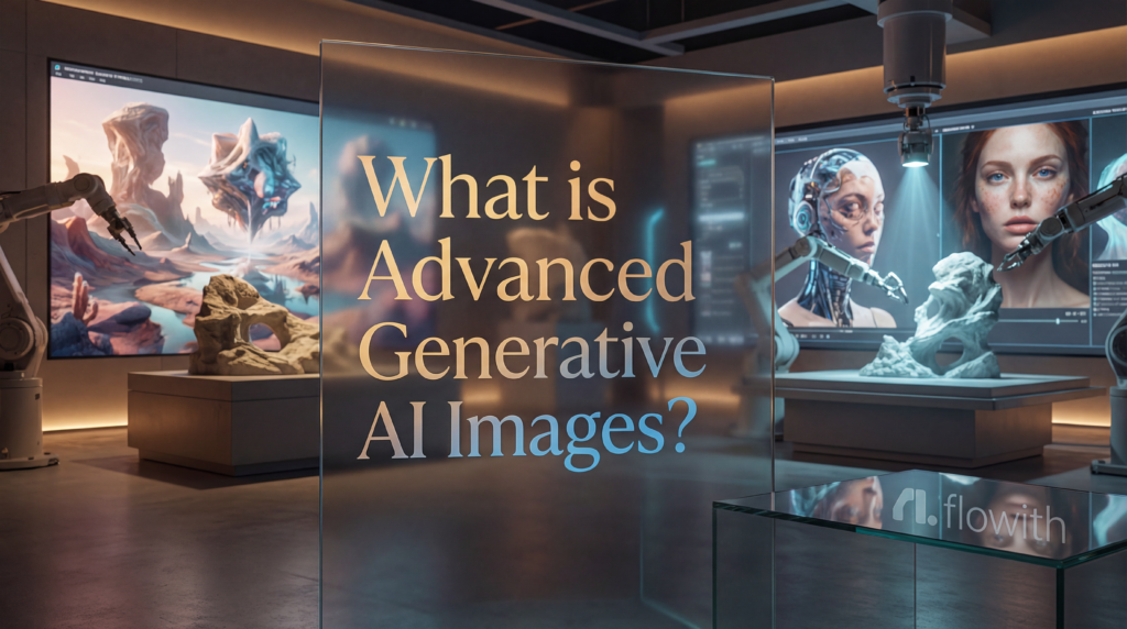 A futuristic digital art gallery featuring robotic arms sculpting 3D objects and large interactive screens displaying advanced generative AI images of surreal landscapes and hyper-realistic portraits.