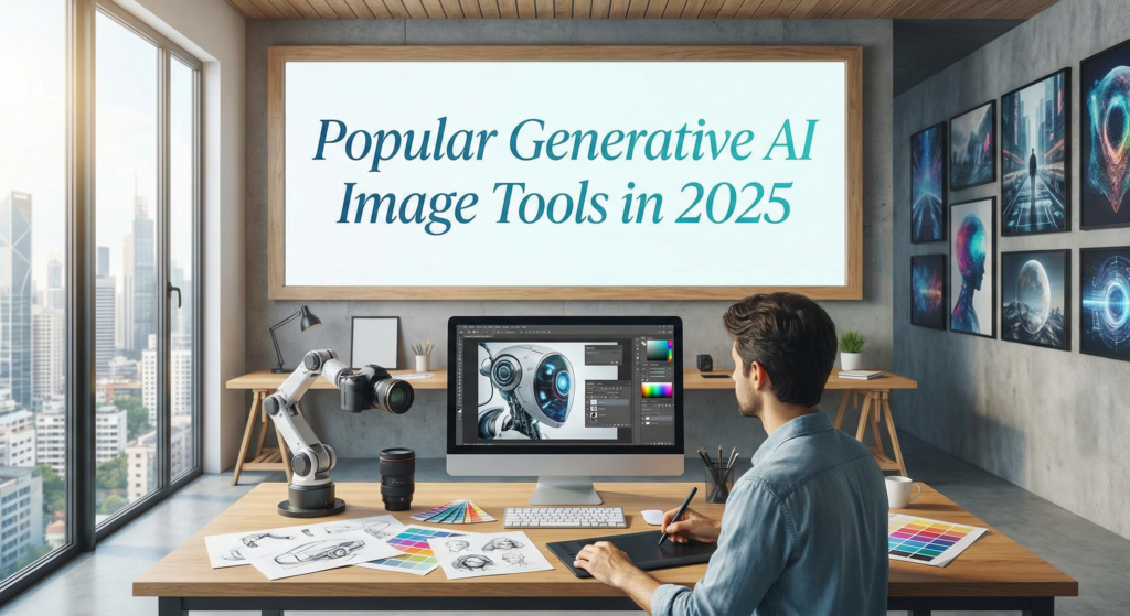 A digital artist working in a bright studio with a robotic arm assistant, using a graphics tablet to refine advanced generative AI images of futuristic robots on a computer screen, surrounded by a gallery of AI-generated art.