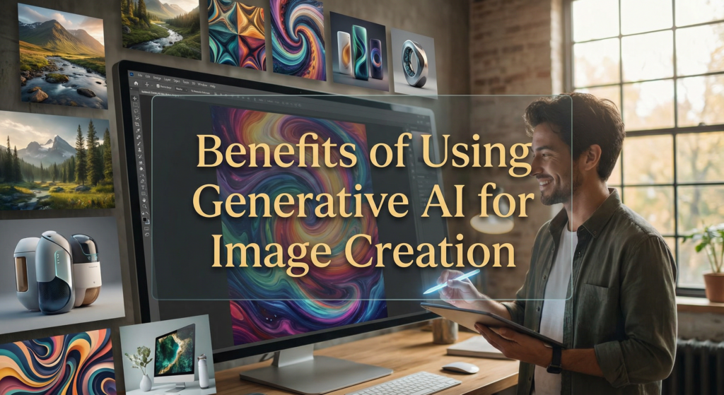 A smiling digital creator in a loft-style studio using a stylus to design vibrant, abstract advanced generative AI images on a large monitor, with a collection of AI-rendered landscapes and artistic concepts displayed on the surrounding wall.