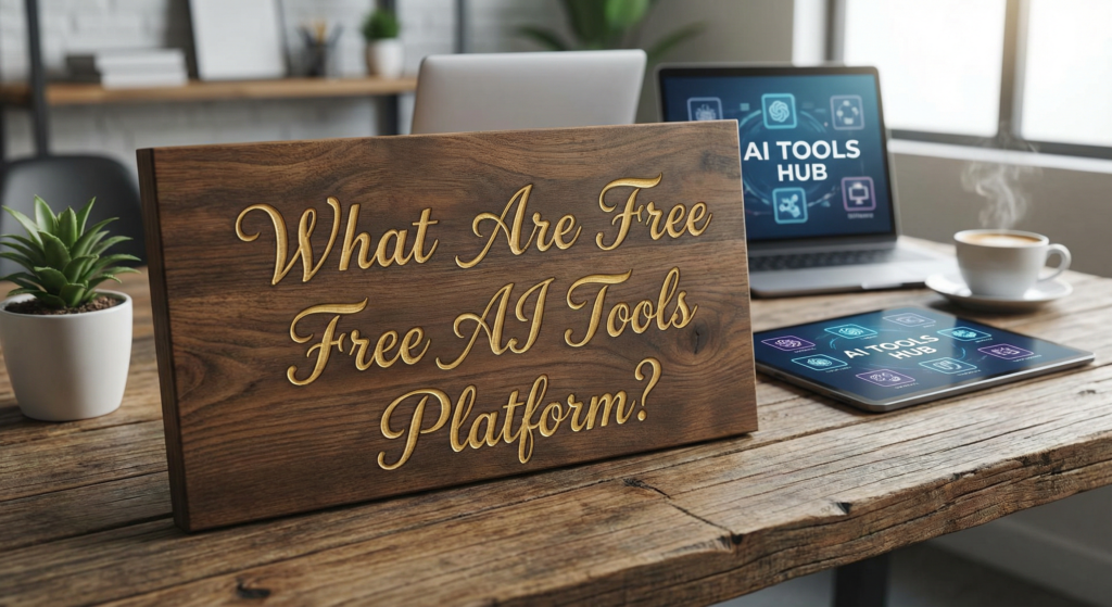 Desk with wooden signboard promoting free AI tools platform, surrounded by laptops displaying tech interfaces, coffee cup, plants, and modern office elements.