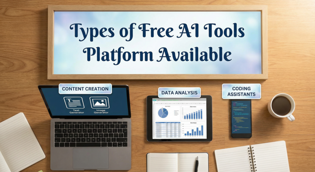 A workspace with various devices displaying content related to a free AI tools platform, including tools for content creation, data analysis, and coding assistants, surrounded by notebooks and a cup of coffee.