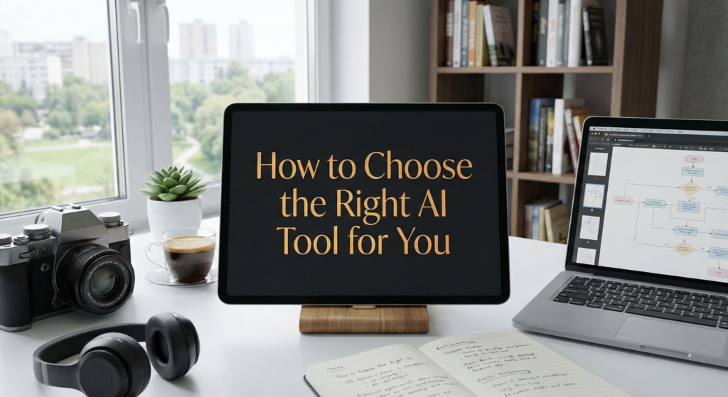A modern workspace featuring a tablet, laptop, camera, headphones, and a notebook, with a window view and bookshelves in the background, illustrating the use of a free AI tools platform for creative and professional tasks.
