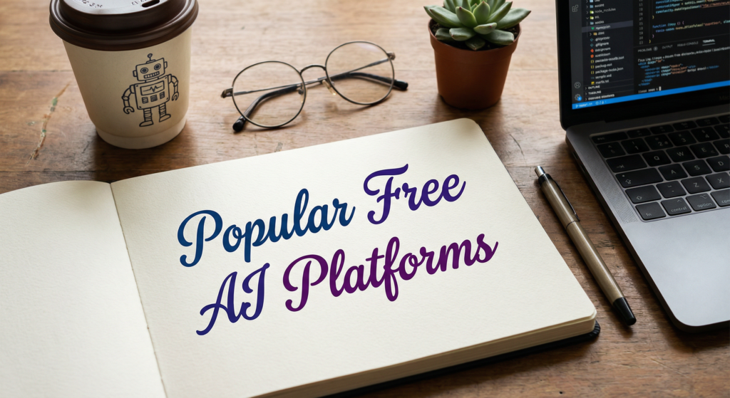 A wooden desk with an open notebook, a coffee cup featuring a robot illustration, glasses, a pen, a small potted plant, and a laptop displaying code on its screen.