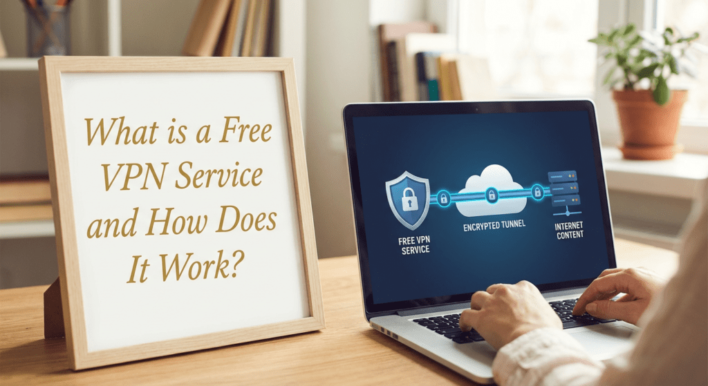 Illustration explaining how a Free VPN service works, showing secure data tunneling and a person using a laptop with an encrypted internet connection.