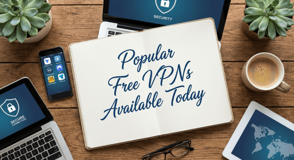 Flat lay of digital devices displaying security apps and a notebook with the text "Popular Free VPNs Available Today," highlighting Free VPN service options.