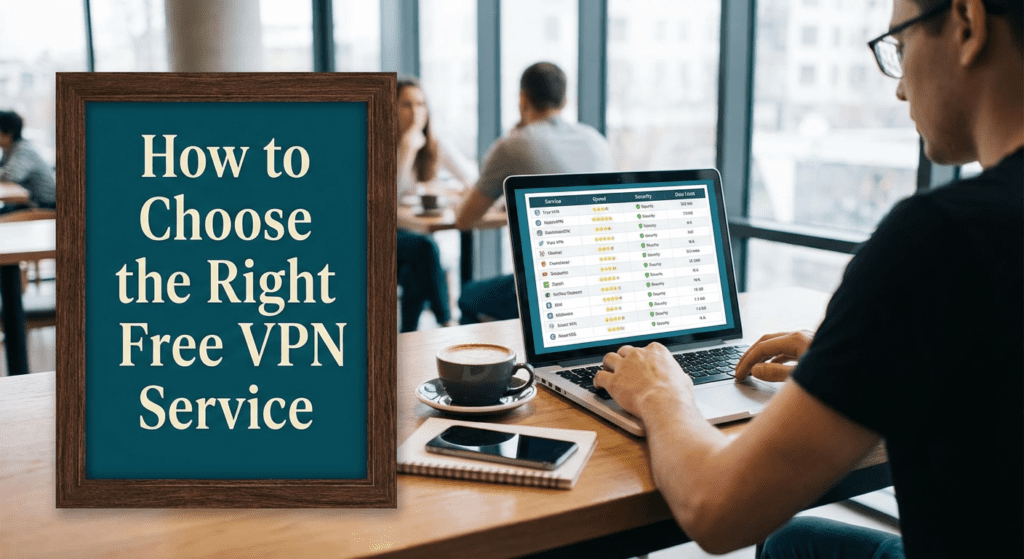 Person comparing features of different Free VPN service providers on a laptop, with a sign that says "How to Choose the Right Free VPN Service."