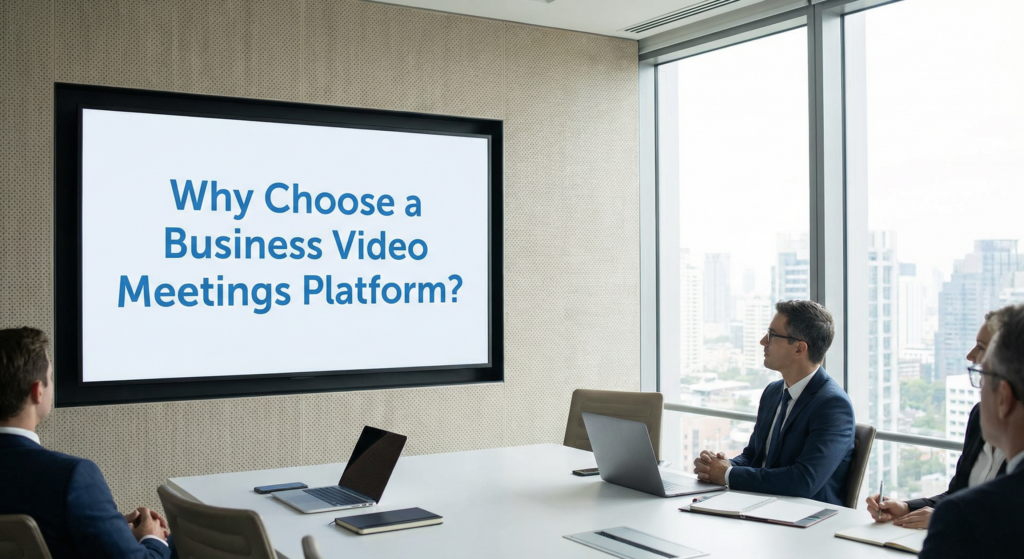 Team of professionals in a modern conference room discussing communication strategies using a business video meetings platform for improved collaboration and productivity.