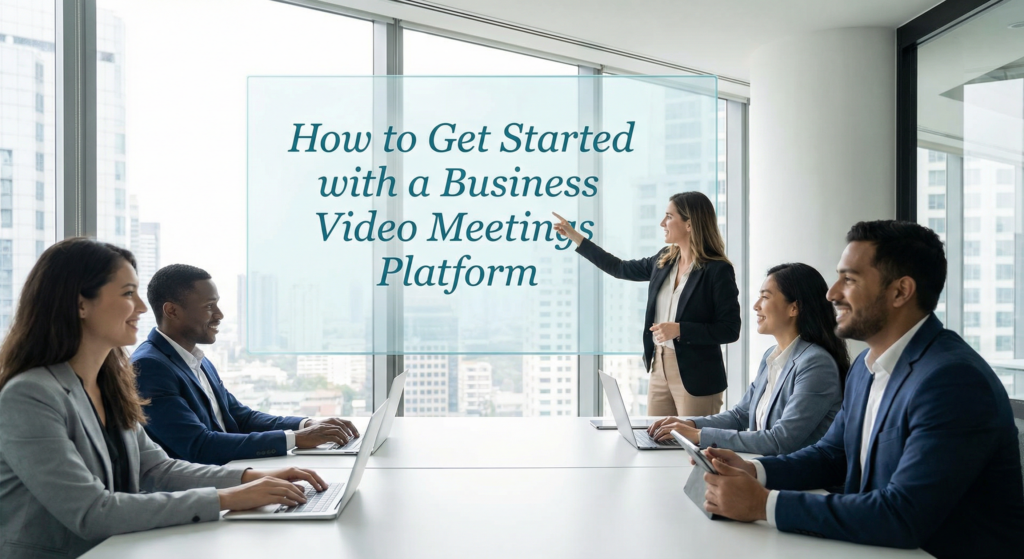 Team of business professionals in a modern office setting attending a presentation on how to get started with a business video meetings platform for better collaboration.